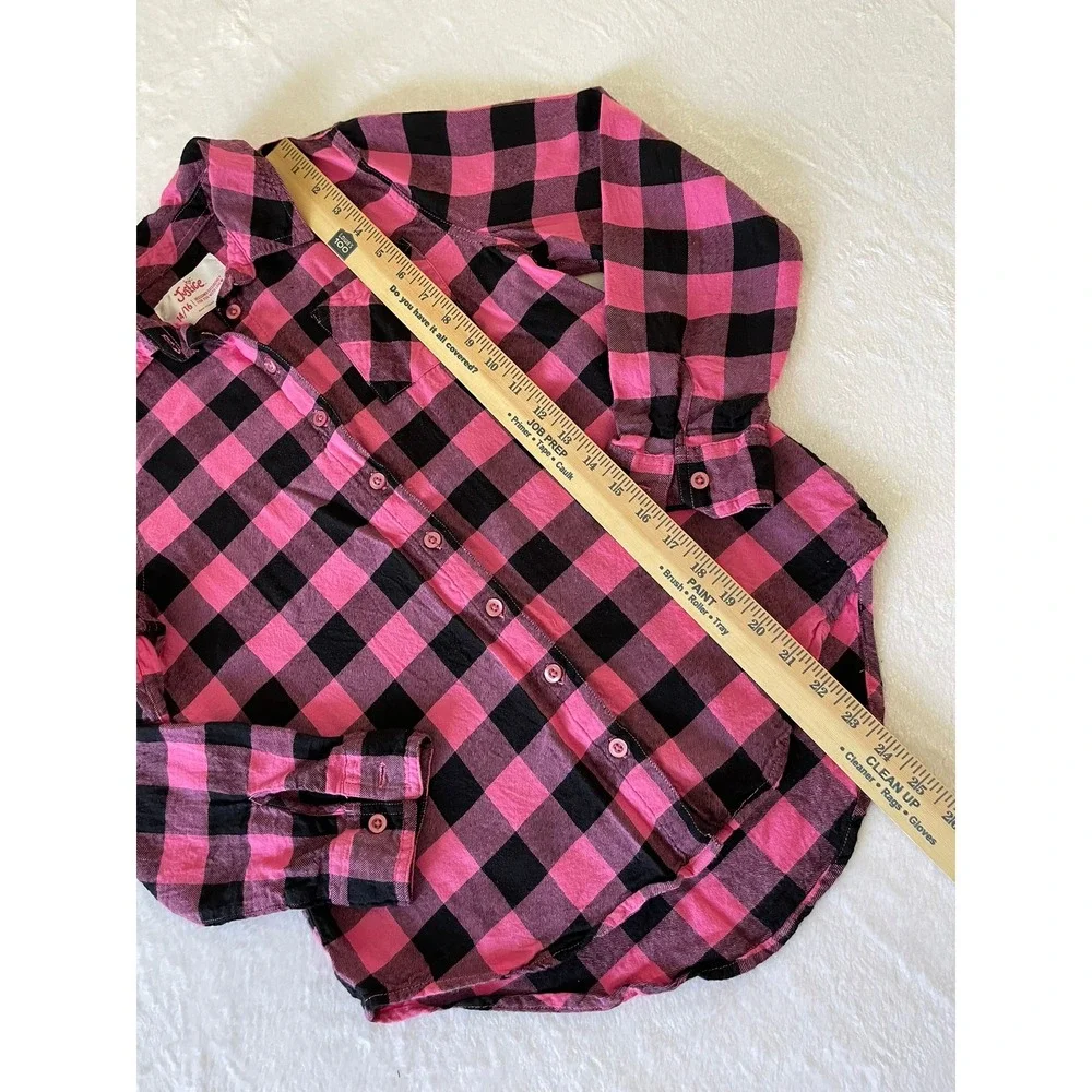 Justice Girls 14/16 Pink Black Buffalo Plaid Flannel Button Up Shirt Cotton